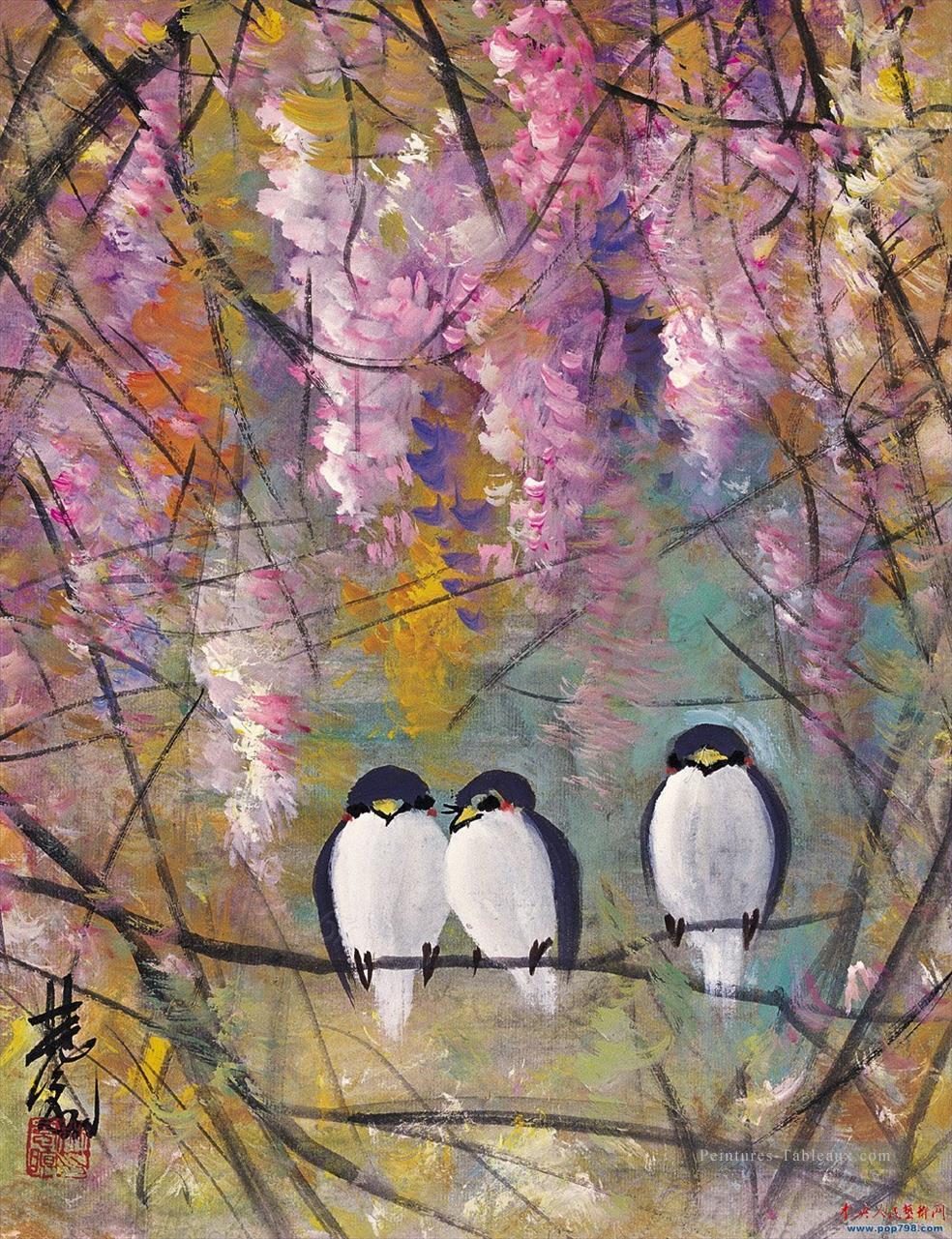 oiseaux en fleurs roses ancienne Chine à l’encre Peintures à l'huile